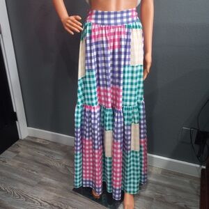 Summer Colorful Gingham Maxi Skirt Side Pockets With Elastic Waist